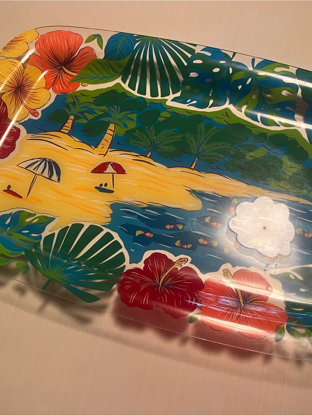 Tropical Beach Print Serving Platter with Hibiscus and Palm Leaves - Picture 2 of 4